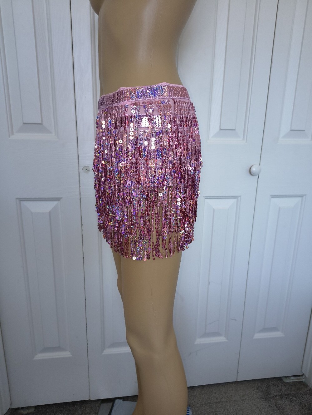 Pink Sequin Fringe Belly Dance Hip Scarf Festival Wrap Skirt Size One Size.